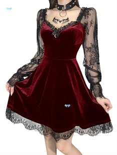 Women's Solid Color Lace Stitching V-Neck Long Flare Dress