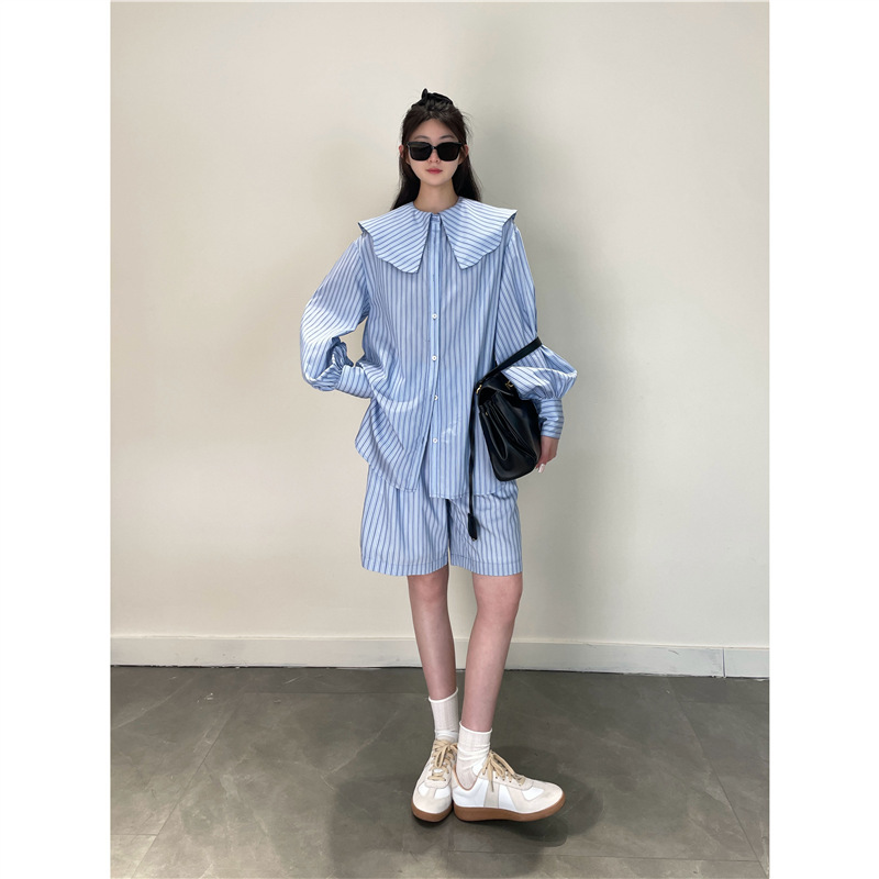 Summer Breeze! Sea Salt Blue Fine Striped Doll Collar Striped Shirt Loose Casual Wide-Leg Shorts Set for Women Summer