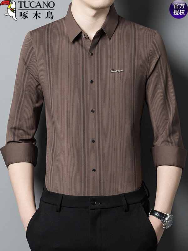 Woodpecker High-End Spring and Autumn New Long-Sleeve Silk Shirt for Men, Middle-Aged Dad Style Vertical Striped Shirt Woodpecker High-End Spring and Autumn New Long-Sleeve Silk Shirt for Men, Middle-Aged Dad Style Vertical Striped Shirt