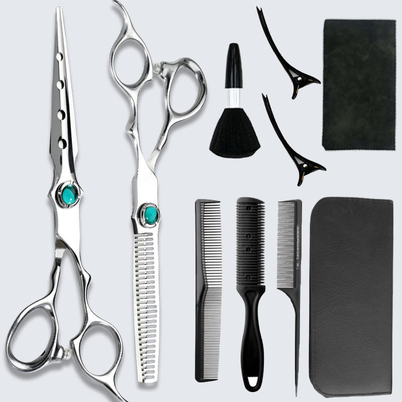 Tijeras de peluquería directa de fábrica Tijeras de dientes planos de acero inoxidable de 6 pulgadas 11 tijeras traje estilista tijeras de peluquería profesional