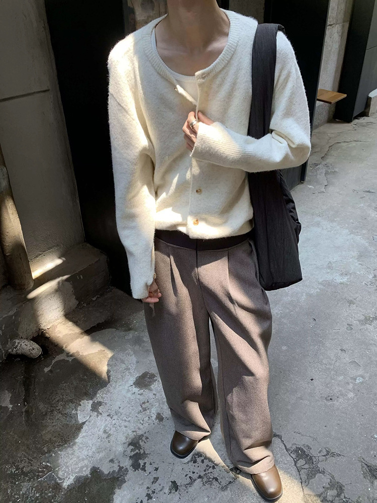 ウール混紡ボタン付きセーターカーディガン、ラウンドネック、秋冬ルーズフィット、万能カップルトップス、秋の新作メンズ