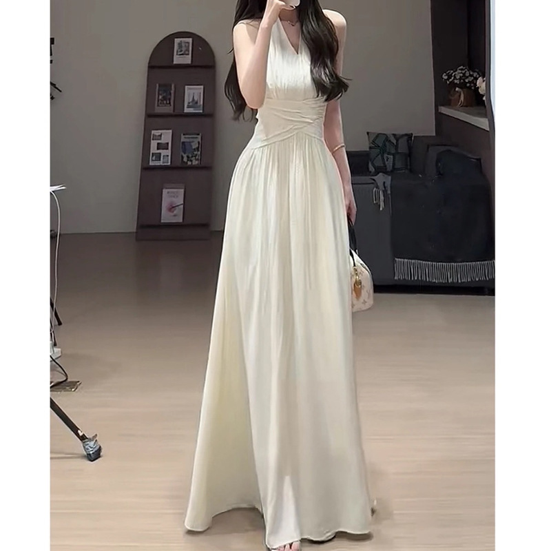 Beautiful God Coming Peach Blossom Wrinkled Satin Beautiful dress Tight Waist Design Slimming Elegant V-neck Long Dress Beautiful God Coming Peach Blossom Wrinkled Satin Beautiful dress Tight Waist Design Slimming Elegant V-neck Long Dress