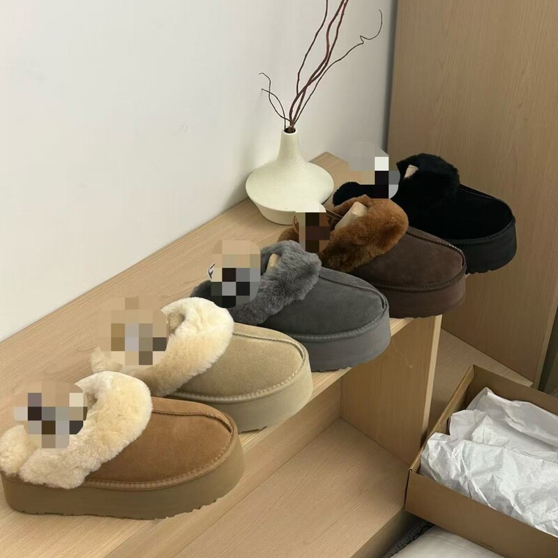 Thick-soled fluffy closed-toe slippers with elastic strap design, suitable for autumn and winter, made of integrated leather and fur, can be worn outside, lazy cotton slippers
