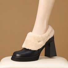 8.5cm冬季加绒保暖方头粗跟单鞋女牛皮羊毛侧拉链深口通勤高跟鞋