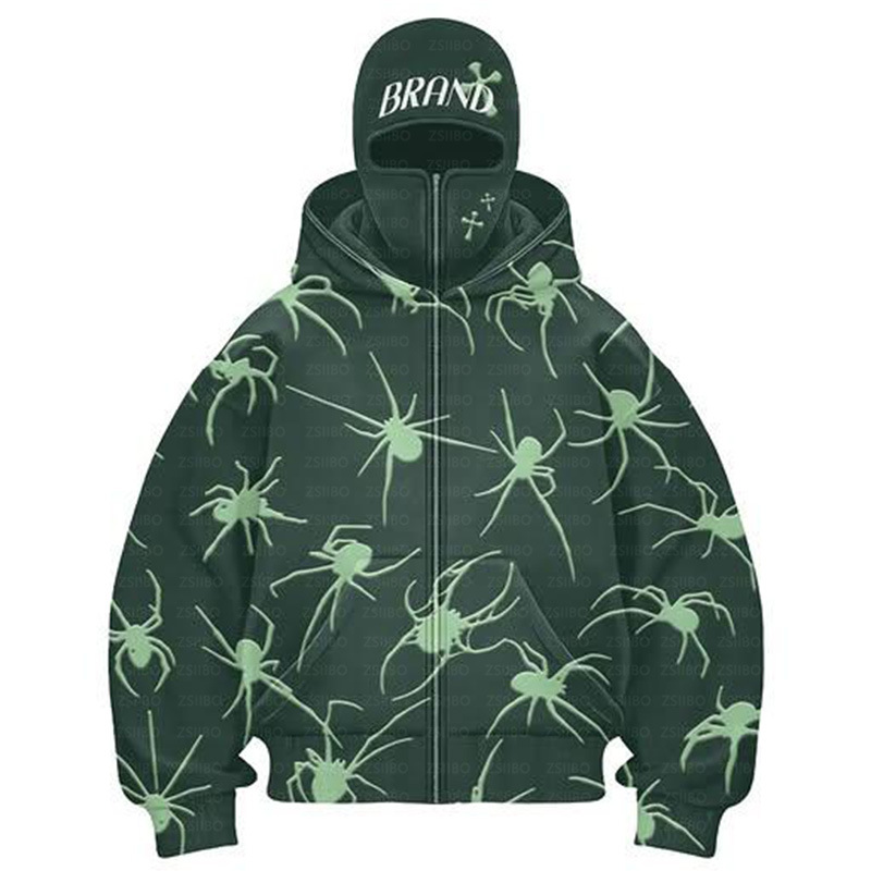 Oumier New Fashion Y2K Personality Street Spider Print Couple Giacca antivento con cappuccio doppio e mascherina_voghion.com