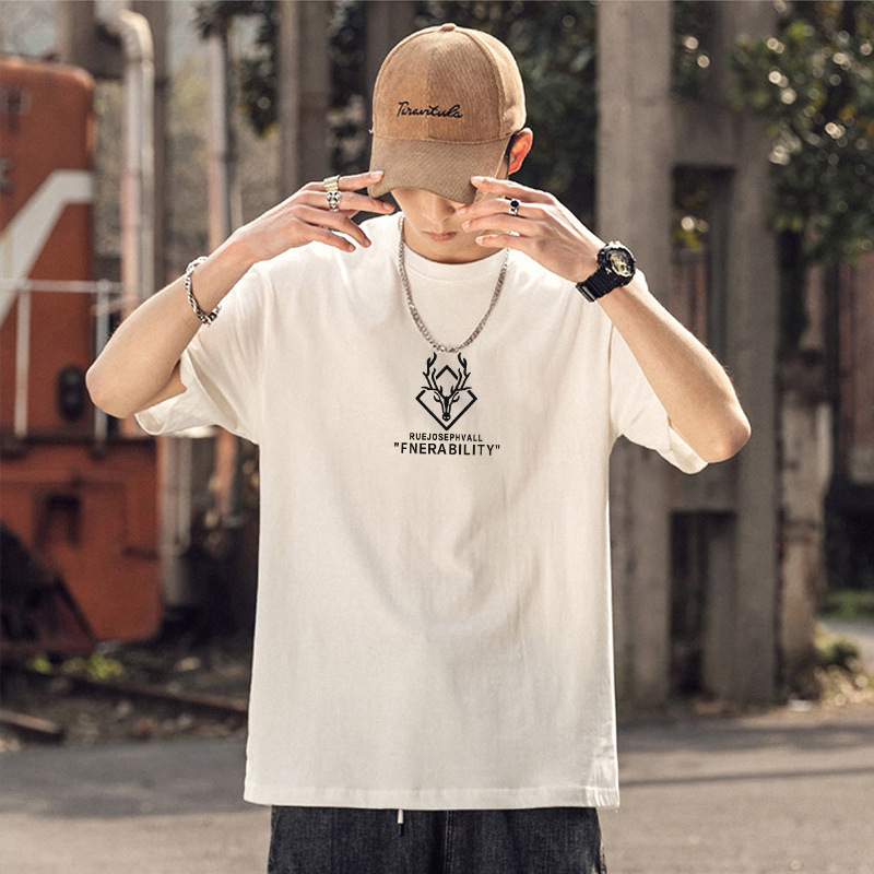 Camiseta de manga corta de los hombres de algodón de manga corta pie 230G pesada suelta marca de moda verano cuello redondo Camiseta de los hombres