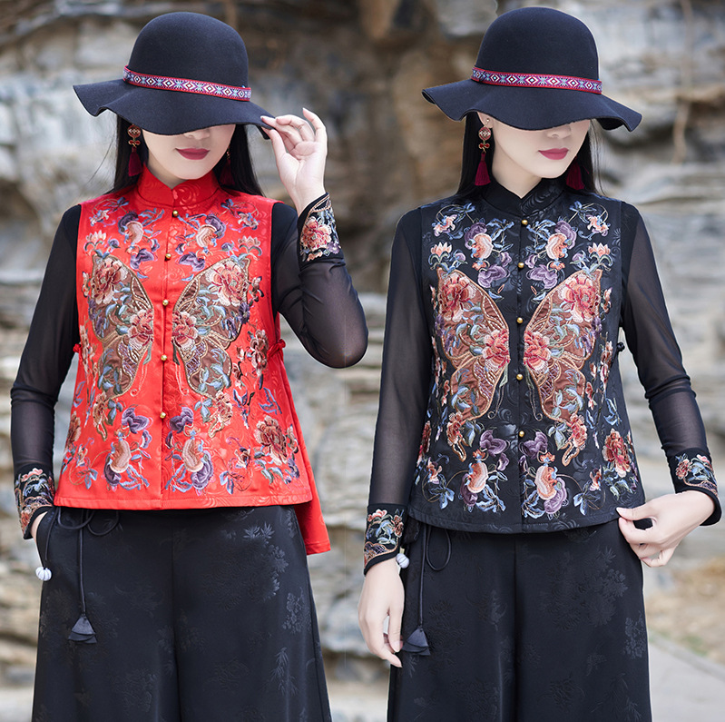 Summer Thin Vest Women's Ethnic Style Embroidered Vest Short Lightweight and Breathable Chinese Style Large Size Top with Vertical Collar for Women