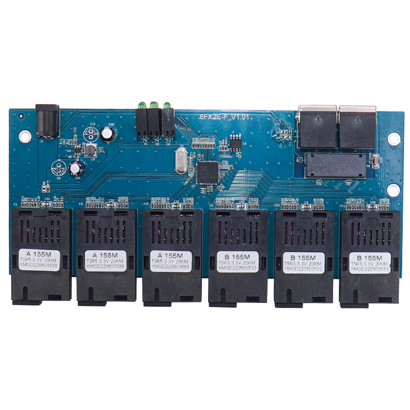 PCBA board for 100Mbps fiber optic transceivers, single-mode 6 fiber, 2 electrical, 20KM fiber converter, AB end