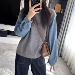 牛仔袖拼接假两件毛衣女2025春秋时尚爆款宽松针织衫上衣