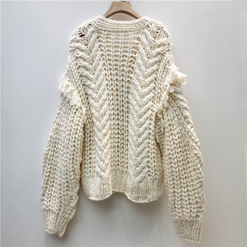 Productos europeos retrógrados franceses mano gruesa aguja de cuello redondo torsión jersey cardigán chaqueta tridimensional suéter con bordas chaqueta image 2