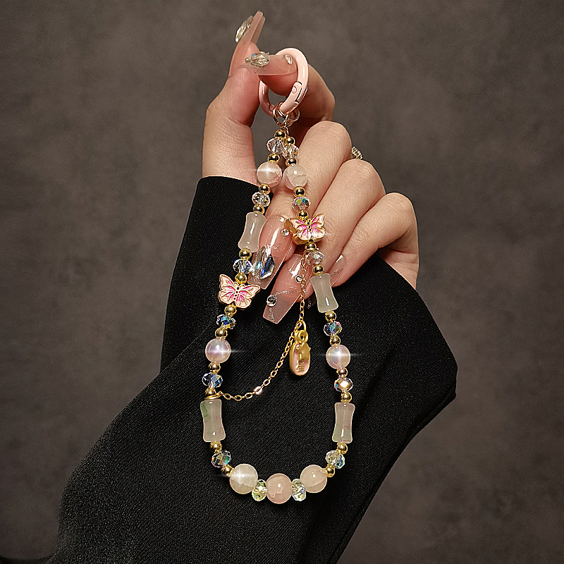 Retro Chinese style bamboo beaded phone charm with auspicious tassel crystal pendant wrist charm phone strap