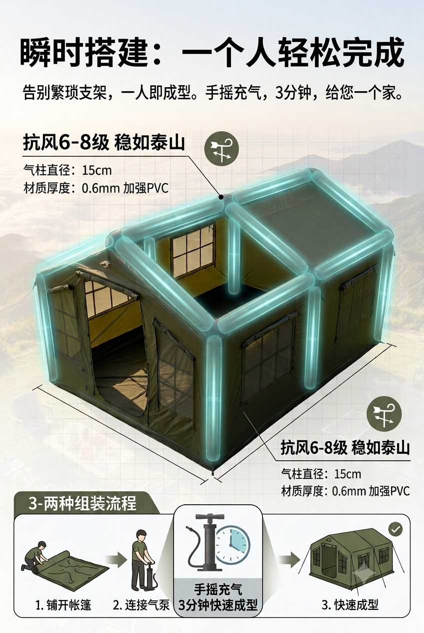 Inflatable tent camping 12 ㎡ Large outdoor tent, windproof and rainproof, mountain camping equipment, convenient and no assembly required