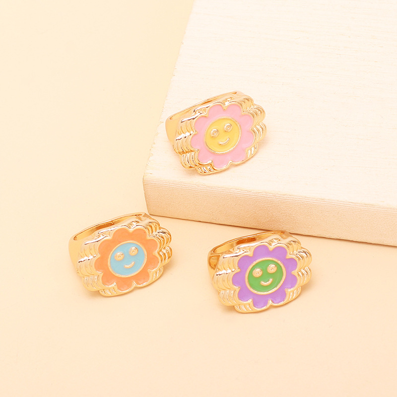 13g Weight Women'S Gender Green, Blue, Yellow Color One Size Size Wholesale Jewelry Cartoon Flower Smile Ring Nihaojewelry 6