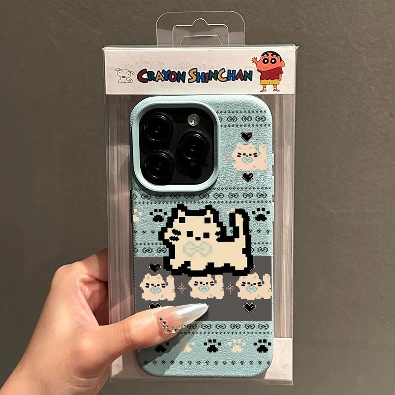 Pixel Xiao Mao for Apple 16PROMAX mobile phone case iPhone15 litchi pattern 14 large hole 13 soft case 12/X