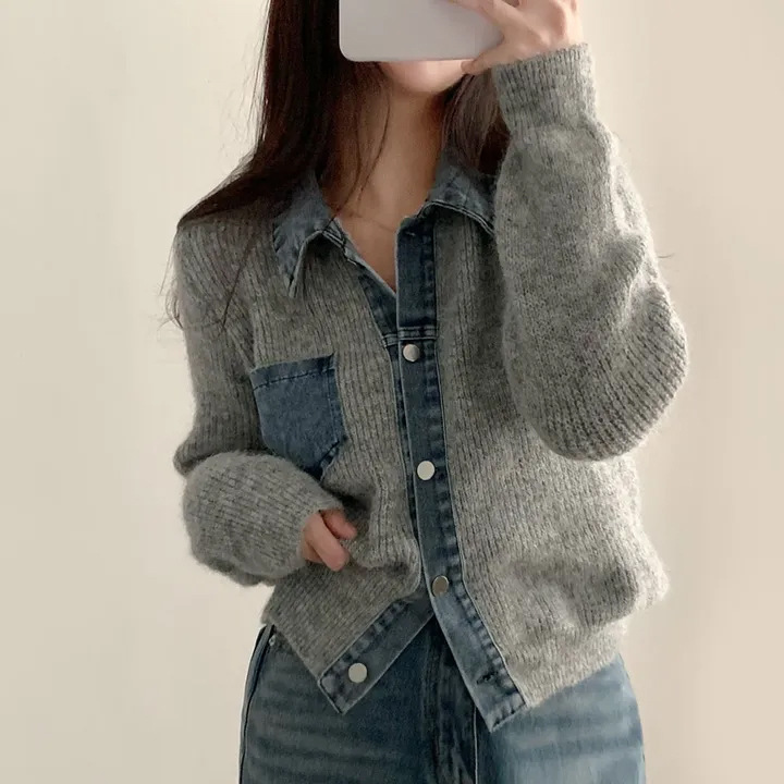 Shipped Now: Korean Style Polo Collar Patchwork Denim Design Knit Sweater Cardigan Jacket for Women Shipped Now: Korean Style Polo Collar Patchwork Denim Design Knit Sweater Cardigan Jacket for Women