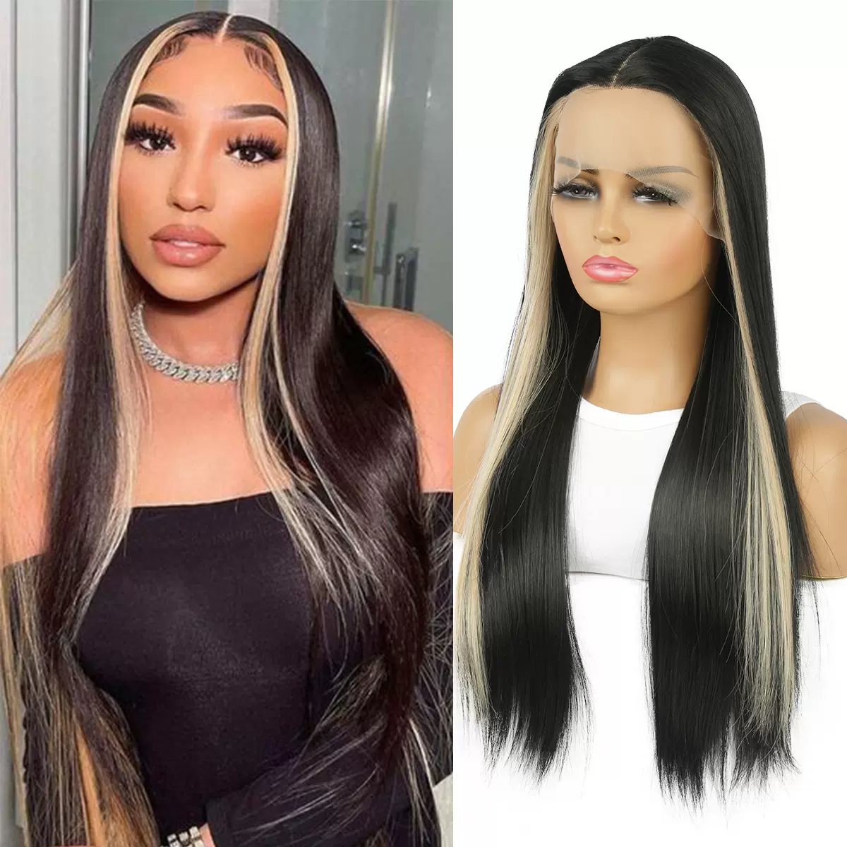 外贸跨境黑色长直发假发女13*4*1蕾丝中分间色挑染头套厂家批发