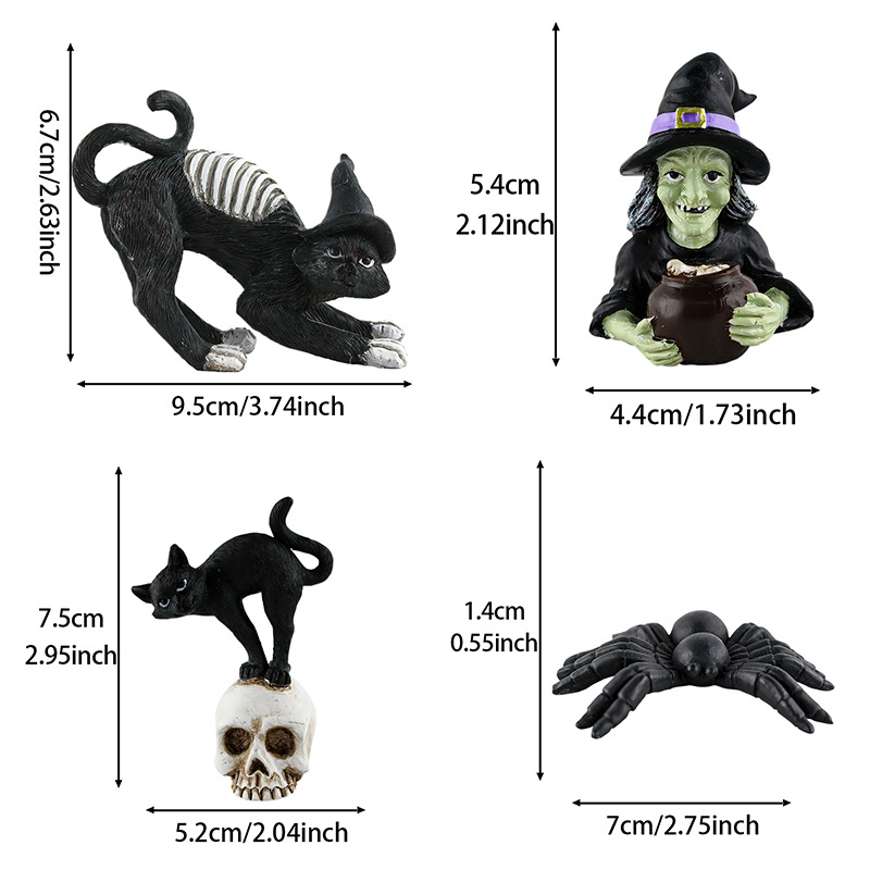  New Halloween Creative Skull Black Cat Witch Spider Resin Small Ornaments Desktop Horror Atmosphere Decoration