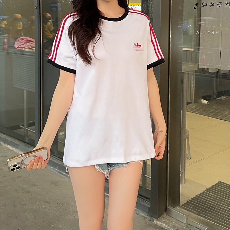 High-Quality Three-Stripe Pure Cotton Short-Sleeve T-Shirt, Unisex Casual Trendy Versatile Sportswear, Embroidered Half-Sleeve T-Shirt