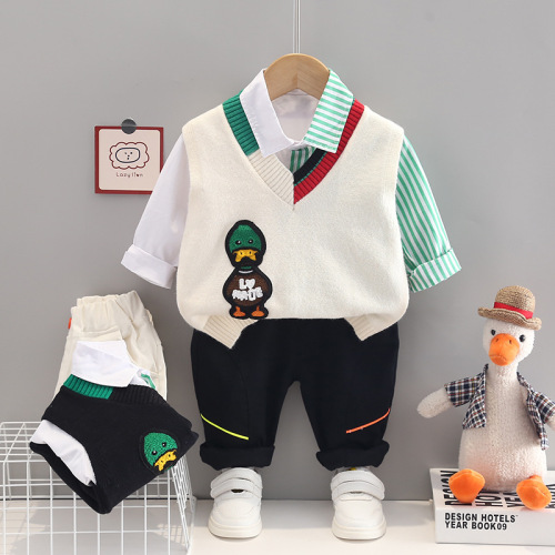New duck knitted vest color-blocked shirt three-piece set spring and autumn children's suit generation children's clothing male baby autumn clothing trend