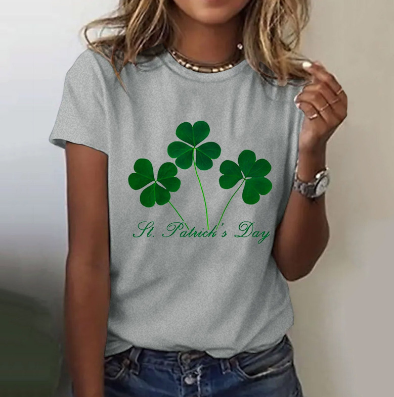 2023 New Men's and Women's Round Neck Loose CreaTive ST. PaTrick Clover English PrinTed T-shirT Top