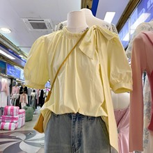 夏季韩系圆领泡泡袖套头黄色衬衣百搭洋气小众宽松短袖上衣