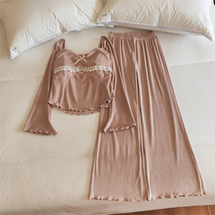 海島絨睡衣女秋冬季長袖V領性感網紅風帶胸墊親膚薄絨家居服套裝