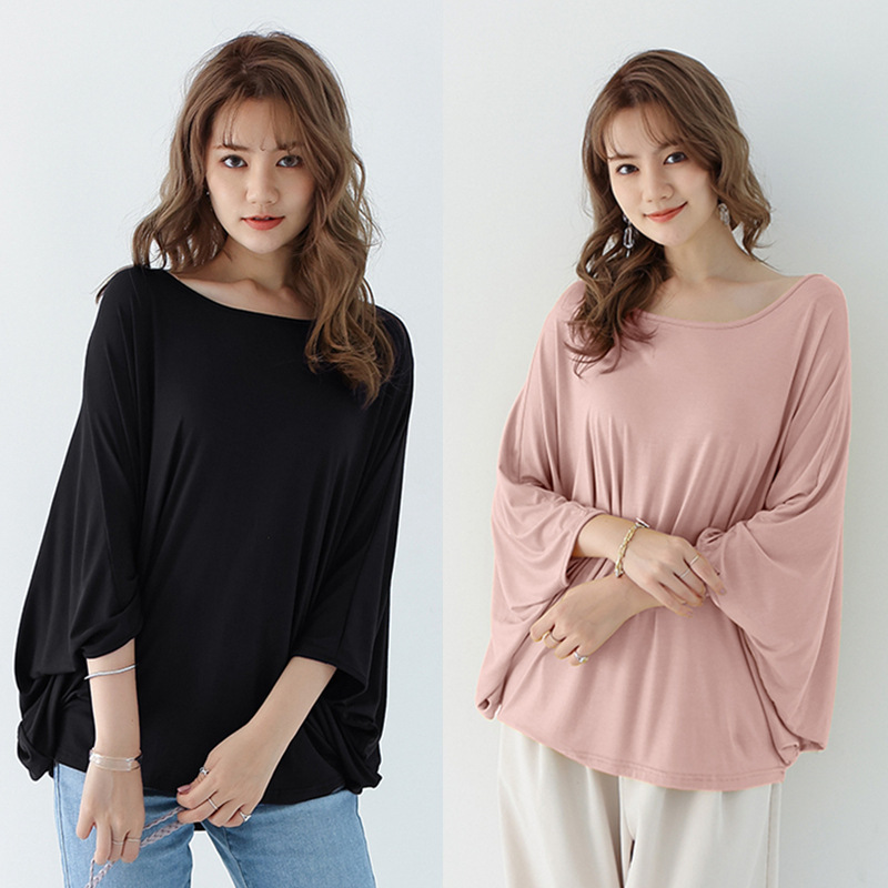 Summer Korean-style Solid Color Women's Clothing Modal Bat Sleeves Loose Short-sleeved T-shirt Slimming Top Thin Round Neck Large Size