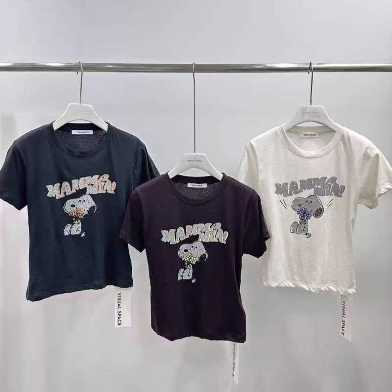 Non-Refundable and Non-Exchangeable 2025 New Summer Korean Style Slim Round Neck Snoopy Cartoon Printed Short-Sleeved T-Shirt Tops for Women
