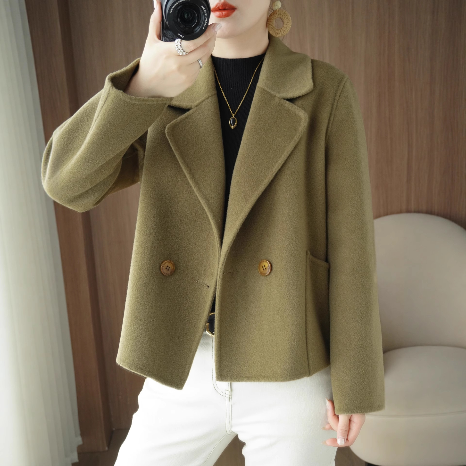 Double-Sided Wool Outwear for Women, Spring, Autumn and Winter New Style, Short Top, Suit Collar, Korean Style Woolen Outwear for Small People