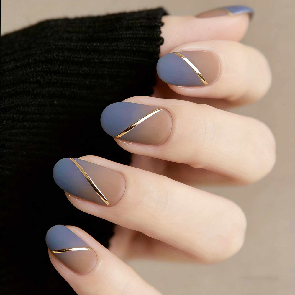 Verano 3D estereoscópico LIP dorado para usar uñas insertadas en niebla azul azul, 24 piezas de uñas falsas transfronterizas suministro directo