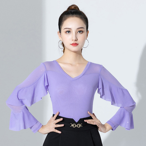 Latin dance clothing new female adult ballroom dance top social modern dance long-sleeved jumpsuit top performance autumn and winter