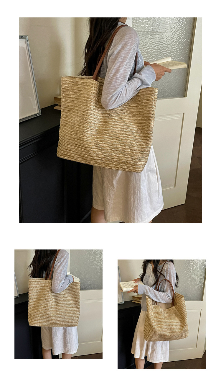 Women's Large Woven Tote Bag Shoulder Bag With Contrast Texture_voghion.com