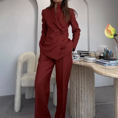 2025欧美亚马逊女装跨境外贸新款纯色长袖带纽扣上衣搭直筒型长裤