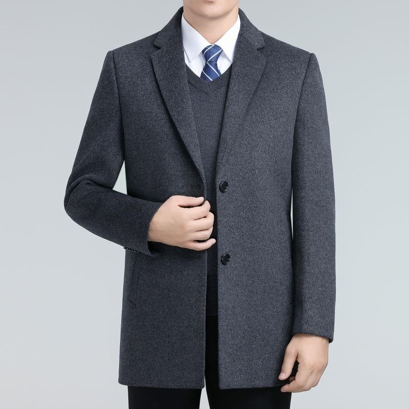 Wai 두꺼운 중년 및 아빠의복 남성용 양모 양면 겉옷 코트 다운 라이너 캐시미어 코트 원피스 칼라