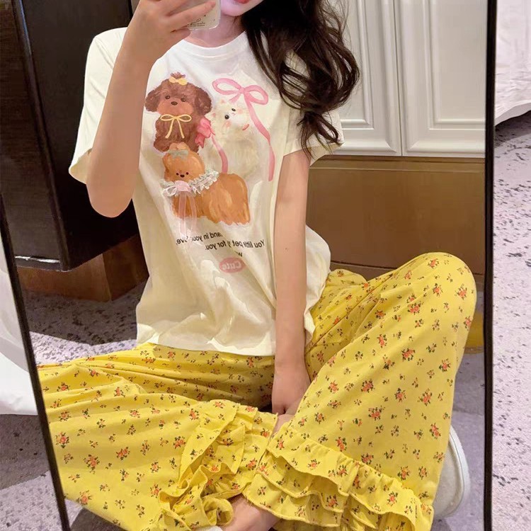 New Spring Cartoon Puppy Floral Pants Short Sleeve Trousers Home Clothes Pajamas for Outer Wear