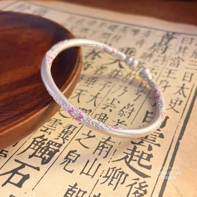 描金珐琅彩繁花葫芦手镯女实心开口轻奢素圈古法镀银手环镯子复古|undefined