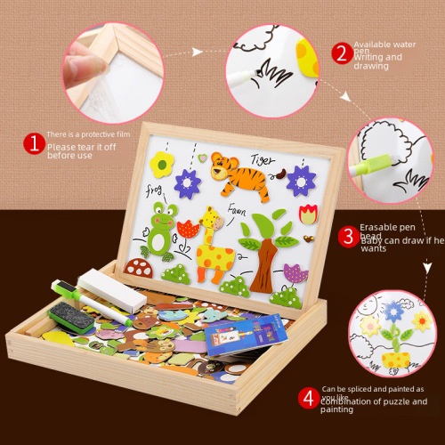 Wooden Magnetic Animal Zodiac Double-Sided Drawing Board for Kids, Educational Puzzle Toy - Factory Wholesale