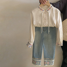 新中式童装女童绣花衬衫2024春季新款女宝宝套装衬衣牛仔裤两件套