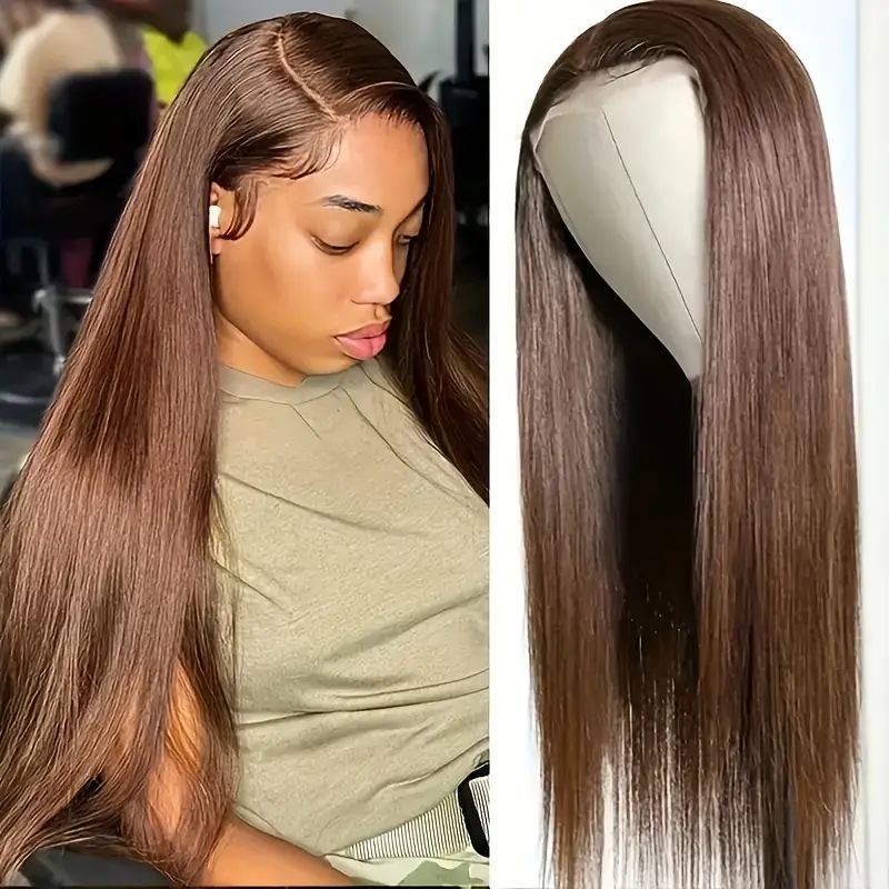 Parrucca lunga liscia con base in pizzo, castana, con capelli sintetici a copertura totale, extension per capelli alla moda e popolari._voghion.com