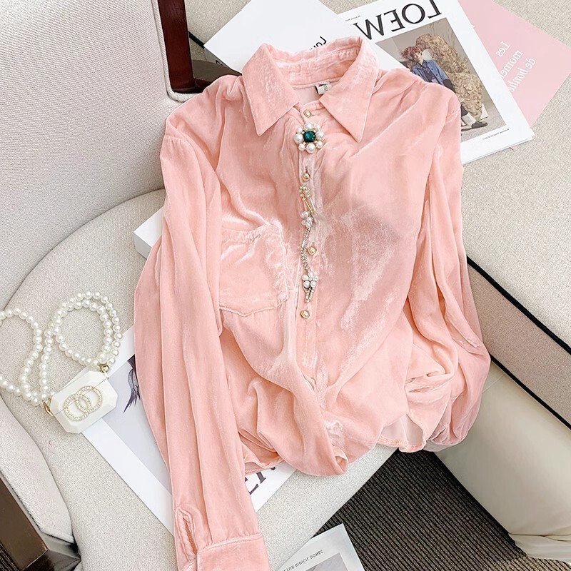 European Heavy Industry Beaded Chic Sweet Velvet Shirt 2024 Autumn New Style Design Western Style All-match Top Trendy