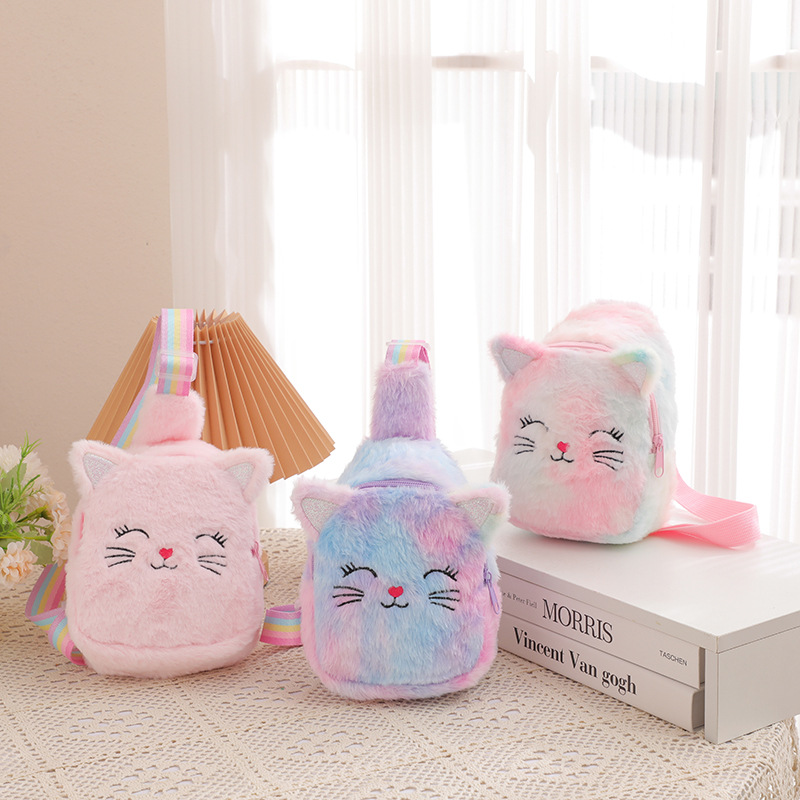 Cat Shoulder Bag Unicorn Cartoon Children's Chest Bag Girls' Coin Purse Small Backpack Crossbody Bag Plush Sequins