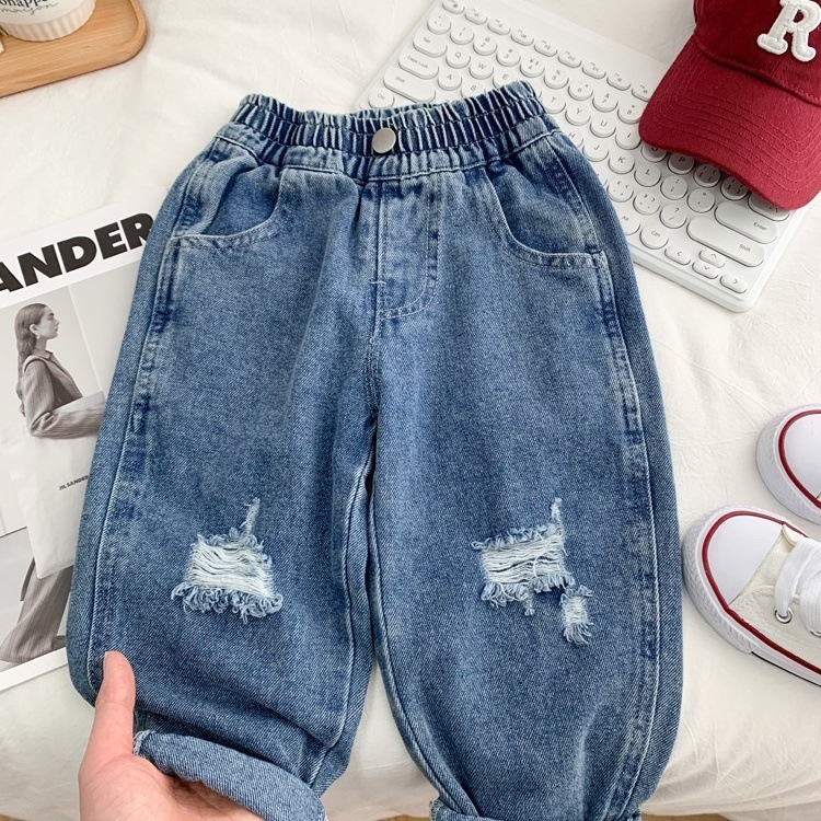 Ropa de primavera para niños, jeans agujeros para niños, pantalones de estilo suelto para niños, pantalones de estilo coreano