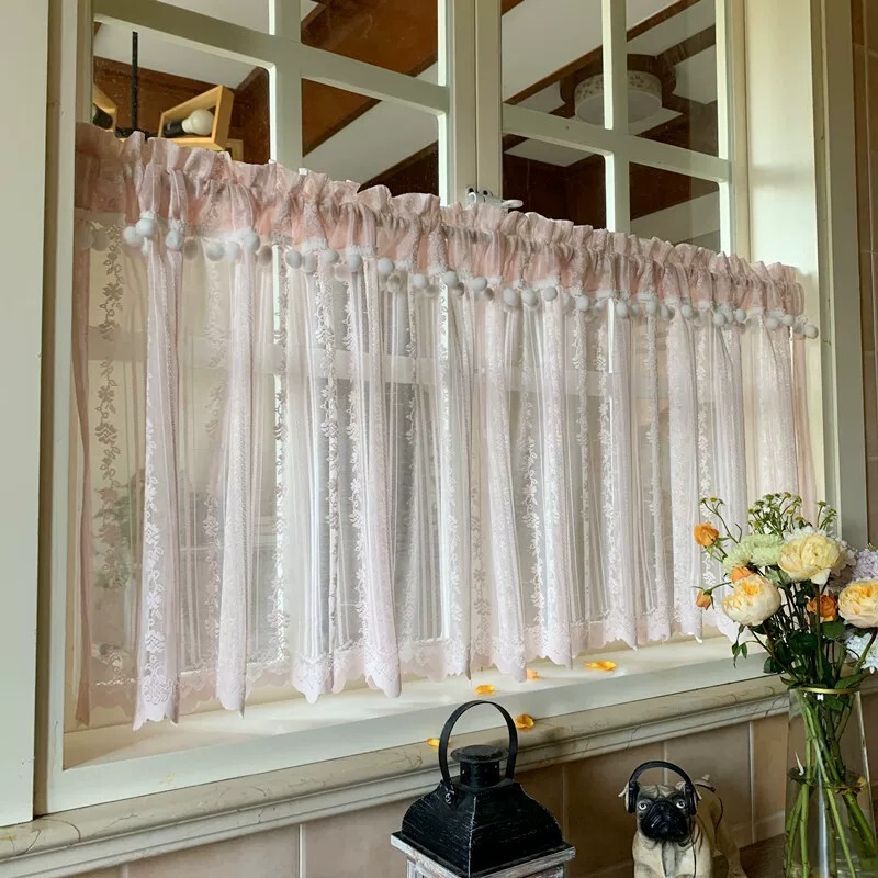 French-style lace sheer curtain, short curtain, no-drill installation, for bedroom bay window, kitchen door curtain, pink embroidered light-transmitting window French-style lace sheer curtain, short curtain, no-drill installation, for bedroom bay window, kitchen door curtain, pink embroidered light-transmitting window
