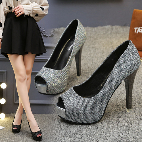 Spring and Autumn Women's Waterproof Platform Heel Very High Thin Heel Fish Mouth Slip-On Shoes with Gold Powder Sparkling High Heels