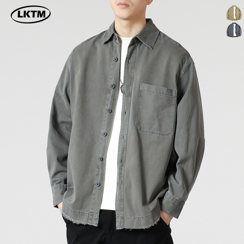 LKTM男装#美式复古水洗重磅纯棉衬衫外套男士高级感潮牌宽松衬衣
