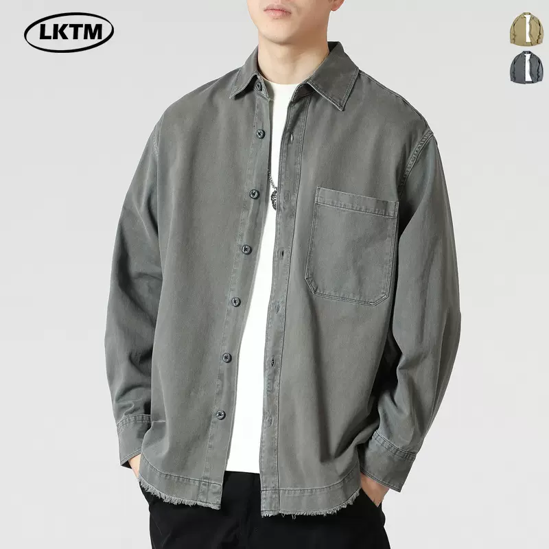 LKTM男装#美式复古水洗重磅纯棉衬衫外套男士高级感潮牌宽松衬衣