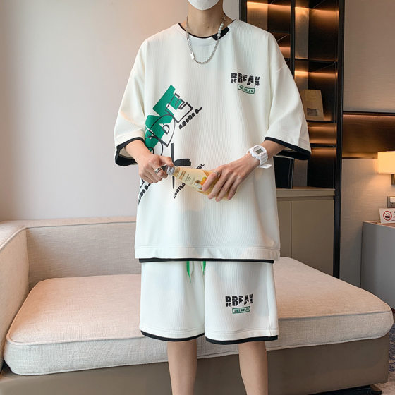 Short-sleeved shorts suit men's summer fashion brand loose fake two-piece ice silk t-shirt men's clothing set matching handsome clothes