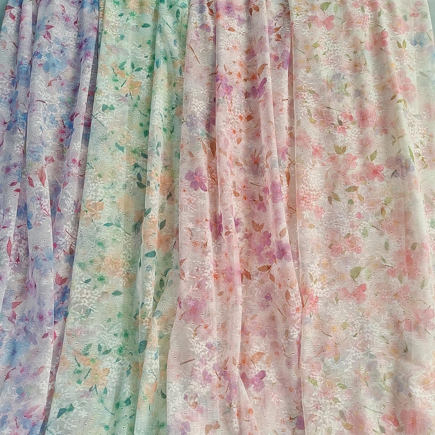 新款~仙美款涤氨弹力柔软小花圆圈提花网布碎花印花 内衣上衣面料