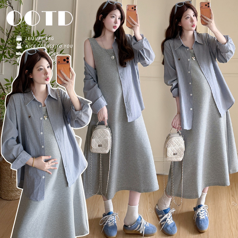 Maternity Outfit Trendy Mom New Style Spring and Autumn Fashionable Stylish Blue Embroidered Shirt and Vest Dress Two-Piece Set
