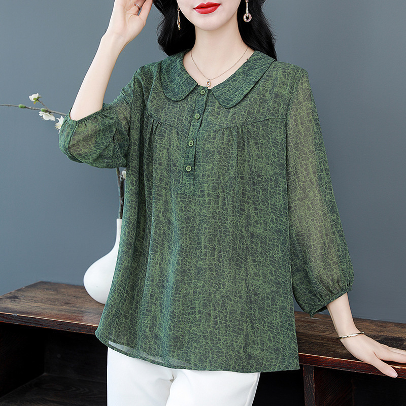 Brand High-End Mother's Shirt Women's Summer New Fashion Doll Collar Versatile Loose Mulberry Silk Large Size Top